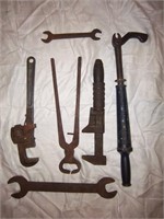 antique wrenches, nail puller, monkey wrench