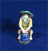 Vintage Chinese Mud Man With Fish Basket & Fish