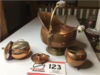 Copper Bucket, Candle Stick, 2 Sm Pots (1 w/Lid)