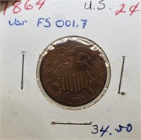 RARE 1864 US TWO CENT PIECE !
