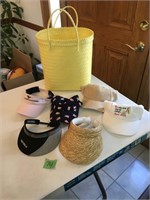 yellow beach bag, sun visors