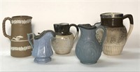 FIVE ENGLISH POTTERY PITCHERS, HOUNDS COURSING,