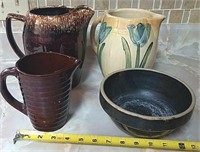 Three stoneware pitcher and bowl