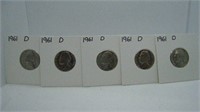 Lot of 5 1961 D Jefferson Nickels