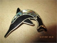925 Silver Dolphin Pin w/Abalone & Onyx-4.4 g