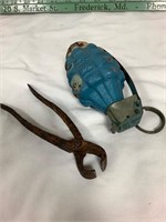 Antique tool and fuze inert pineapple grenade