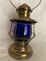 BRASS OIL LAMP LANTERN W/BLUE GLASS AS IS