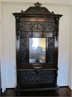 VERY ORNATE EARLY HAND CARVED HALL TREE