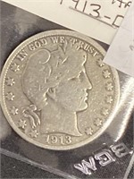 1913-d Barber Silver Half Dollar