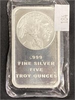 .999 Silver Five Troy Ounce Bar Indian/buffalo