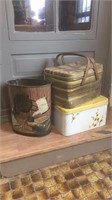 Tin canister/ tin picnic basket/ tin French horn