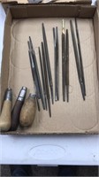 Lot of triangle and round files with handles etc