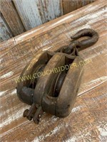 Large Vintage Wood Double Pulley
