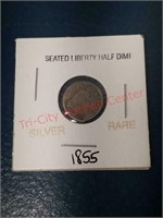 1855 Seated Liberty Half Dime - silver, rare.