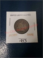 1853 Seated Liberty Quarter - silver, rare.