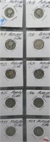 (10) Mercury Silver Dimes. Dates: 1917, 1918,