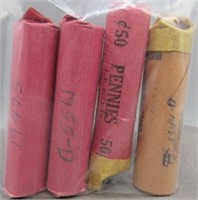 (4) Rolls of Wheat Cents. Dates: 1944-D, 1951,