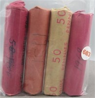 (4) Rolls of Lincoln & Wheat Cents. Dates: 1954,