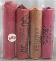 (4) Rolls of Lincoln & Wheat Cents. Dates: