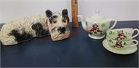 Chalkware dog & tea set