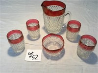 Ruby Stained pitcher w glasses & nut dish