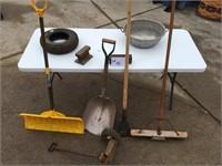 long handle tools w tire, iron, dough pan
