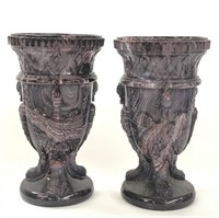 PAIR OF PURPLE SLAG GLASS VASES WITH EAGLES IN