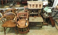 Four Pine Chairs, End Tables, Lamps, Wall Rack,