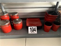 Red Set of (4) Plates, (2) Cups, (4) Bowls &