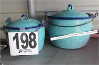 (2) Blue/White Enamelware Pots with Lids (6" &
