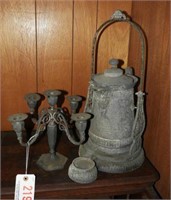 Tin Coffee pot, Silver plate Candle Stick holder