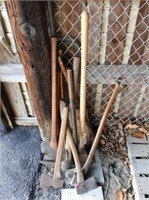 Nine Hand tools to include Axes, Sledgehammer,