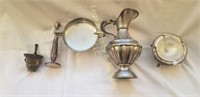 5 pc vase, picther, medicine grinder and misc