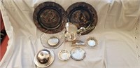 Silver plated items and 2 copper colored etchings