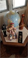 lit globe, wood carving, decanter