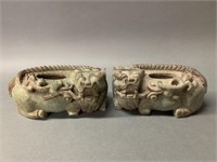 Pair of Ancient Jade Chinese Foo Dog Carvings