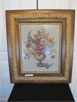 NEEDLE POINT FLOWER IN AMAZING ANTIQUE WOOD FRAME