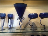 4 Cobalt Blue Stemed Glasses and Vase