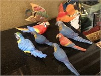 6 painted Wood carved Parakeets and 2 fish