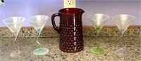 Vintage hobknob ruby pitcher w/ 4 martini glass