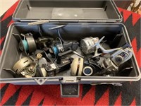 Grouping of Many Older Fishing Reels and Case