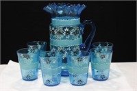 ENAMELED PITCHER AND 6 GLASSES