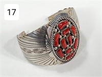 Navejo Coral & Sterling Cuff Stamped K