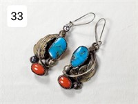 Navajo Turquoise & Coral Earring Set