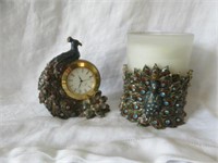 2PC PEACOCK JEWELED CLOCK AND CANDLEHOLDER