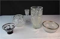 LOT 5 PIECES CUT GLASS INCL GARNET CUT TO CLEAR