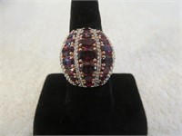 STERLING SILVER C AND GARNET RING SIGNED TJC