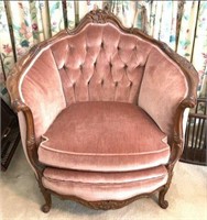 Ornate Carved Tufted Back Chair with Velour