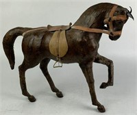 Carved Wood Horse Sculpture with Leather Saddle