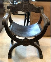 Curule Armchair with Leather Seat & Ornate Carving